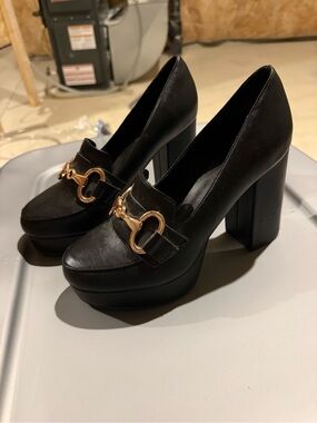 Black Platform Block Heel Loafers with Gold Accent